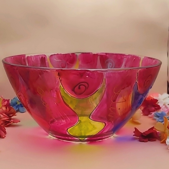 Arcoroc France 1998 hand-painted, signed pink magenta bowl - Picture 5 of 16